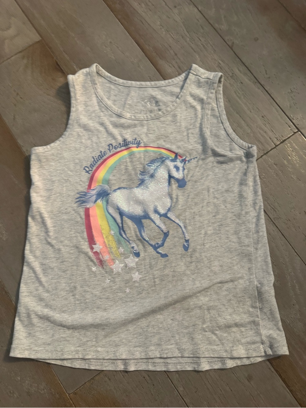 Justice Light Gray Tank with Glitter Unicorn and Rainbow